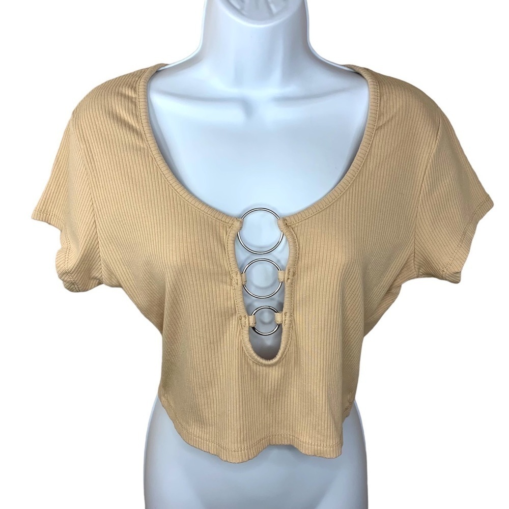 Faded Rose Beige Ribbed Short Sleeve Crop Top XL Stretch Y2k Style